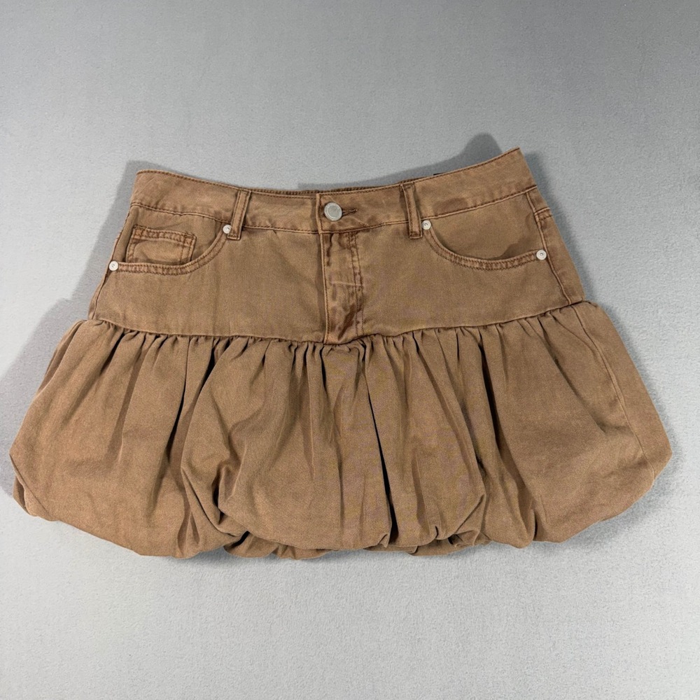 Bubble Hem Mini Skirt Womens 27 Brown Coquette Cotton